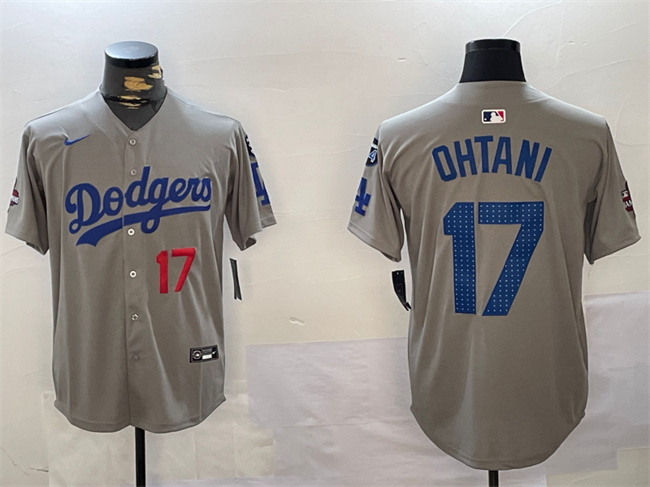 Men's Grey Los Angeles Dodgers #17 Shohei Ohtani 2024 World Series Champions With Fernando Memorial Patch Limited Stitched Baseball Jersey